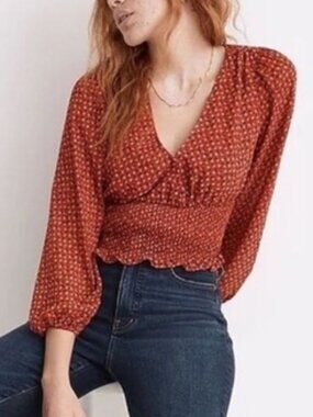 Madewell Julian Red Floral Smocked Waist Faux Wrap Blouse Long Sleeve Size M